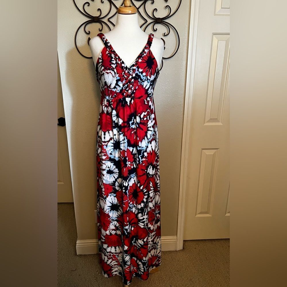Style & Co sleeveless Maxi Dress M Red Blue White Floral Slinky Knit